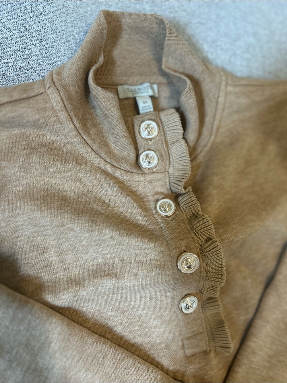 Talbots Ruffle Placket Mockneck Button Pullover Sweatshirt Tan Beige Size S